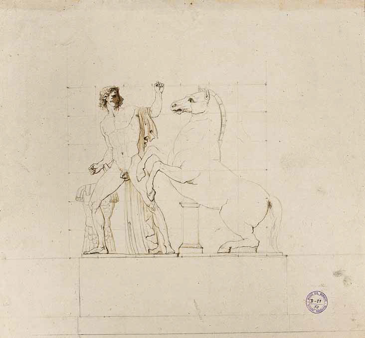 Antonio Canova, Étude d'après les Colosses de Monte Cavallo (encre sur papier ivoire, 352 x 382 mm ; Bassano del Grappa, Museo Civico, inv. B 23.50)