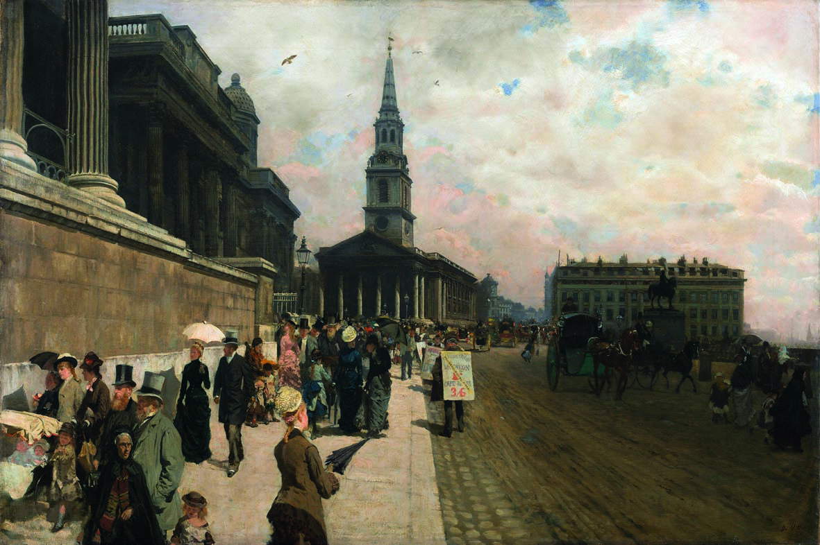 Giuseppe De Nittis, La National Gallery e la chiesa di Saint Martin a Londra (1877; olio su tela, 71 x 105,5 cm; Parigi, Petit Palais, Musée des Beaux Arts de la Ville de Paris)