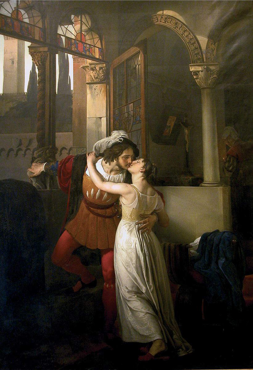 Francesco Hayez, Le dernier baiser de Juliette à Roméo (1823 ; huile sur toile, 291 x 201,8 cm ; Tremezzina, Villa Carlotta, musée et jardin botanique)