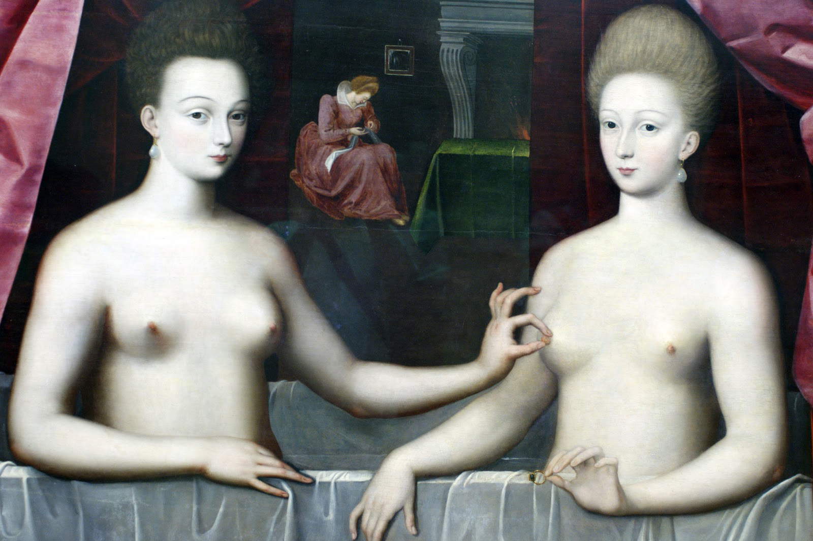 École de Fontainebleau, Portrait présumé de Gabrielle d'Estrées et de sa sœur la duchesse de Villars (vers 1600 ; huile sur panneau, 96 x 125 cm ; Paris, Louvre)