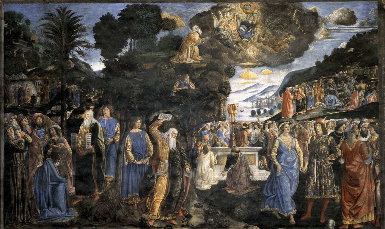 Cosimo Rosselli, Les tables de la loi et le veau d'or (1481-1482 ; fresque, 350 x 572 cm ; Cité du Vatican, chapelle Sixtine)