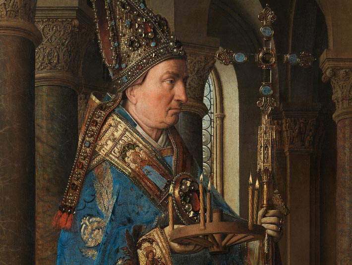 Jan van Eyck, Madone du chanoine Van der Paele, détail avec saint Donazian