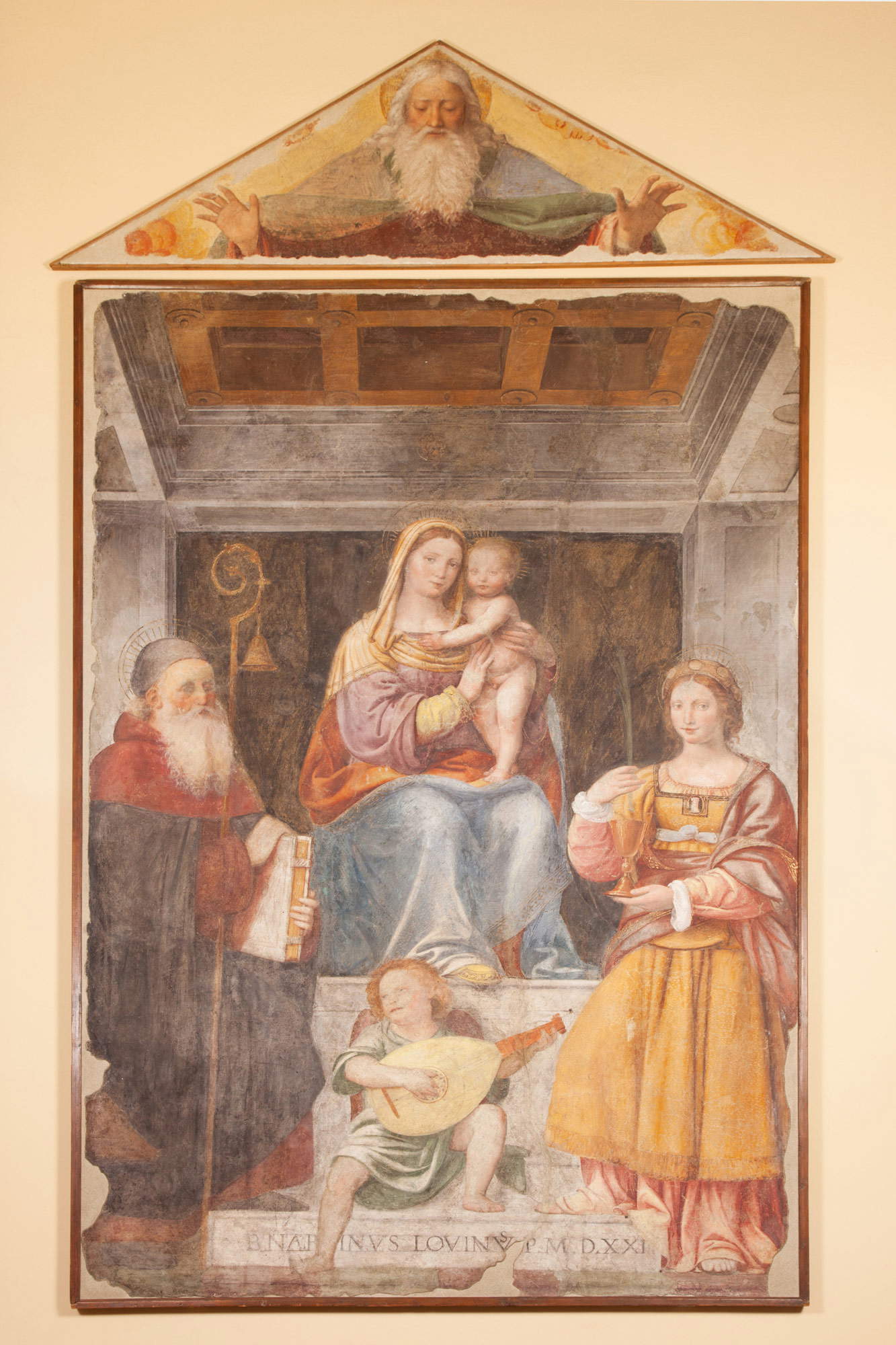 Bernardino Luini, Vierge à l'enfant trônant avec les saints Antoine, Abbé et Barbara (1521 ; Museo Nazionale Scienza e Tecnologia Leonardo da Vinci, prêt de la galerie d'art de Brera)