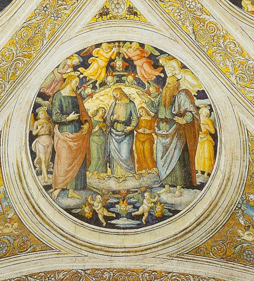 Cristo, que aparece en la sustancia de su venida a la tierra, entre las dos figuras simbólicas de la Santidad y del Mal. Juntas son una metáfora de las opciones de nuestra libertad.
	