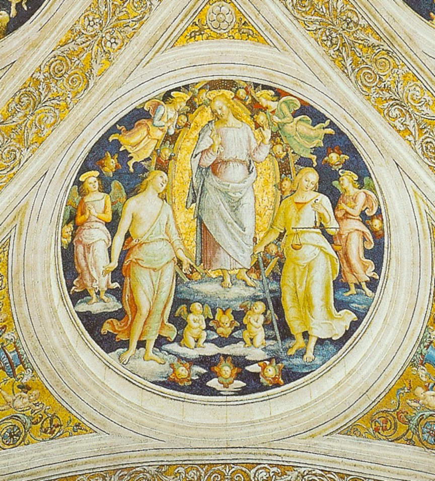 Bella composición del Maestro de Rafael. Jesús, sol de la verdad, está entre la Justicia armada de balanza y espada y la Misericordia que vemos a su derecha: a ella se dirige la benevolencia divina.
	