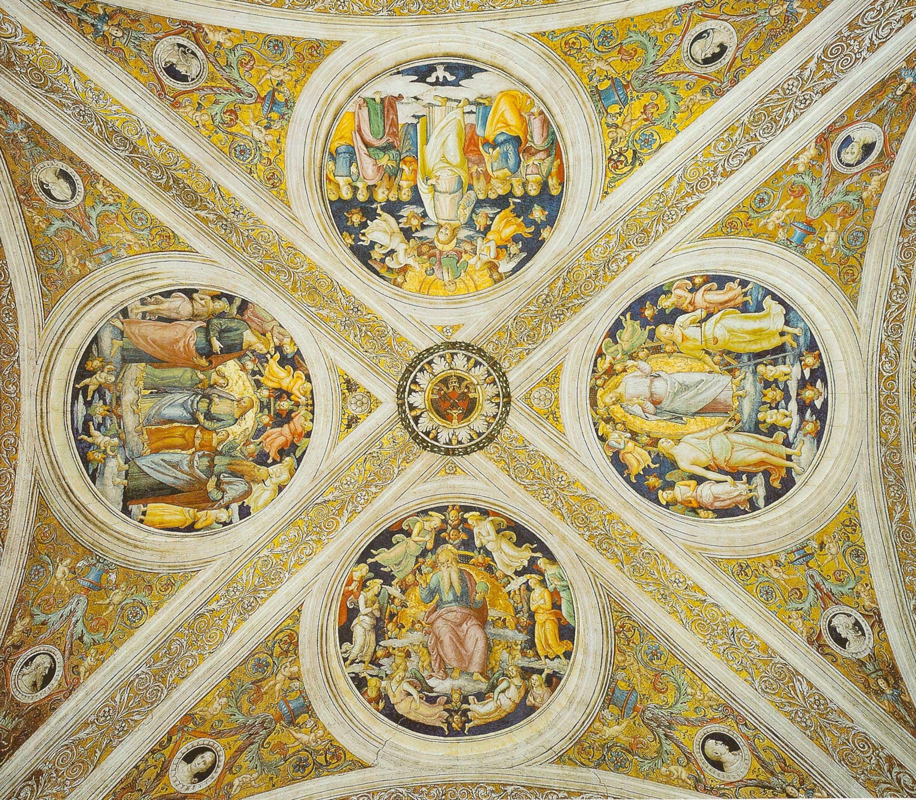 La bóveda de la Stanza dell'Incendio di Borgo en el Vaticano, pintada por Perugino (1507-1508). 
Debajo, el Padre Eterno rodeado de ángeles y arcángeles.
	