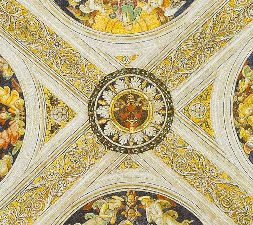 El techo se arquea en cuatro velas no muy altas. Las nervaduras, pintadas con racimos clásicos, se reúnen en el centro en el escudo papal rodeado de palmetas y bellotas de roble.
	