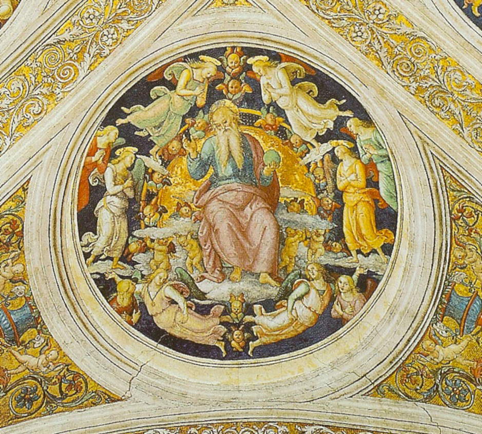 El Padre Eterno, en un trono de oro, aparece como Creador benéfico.
	