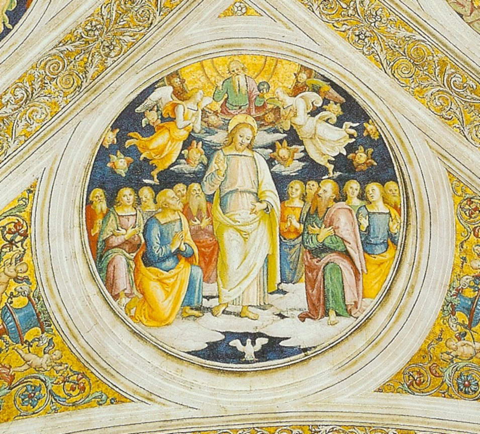 La Trinidad. El Padre aparece en los tres giros de Dante. El Hijo se encarna en la persona de Jesús y es adorado por los doce apóstoles. El Espíritu Santo, en forma de paloma, se cierne sobre nosotros.
	