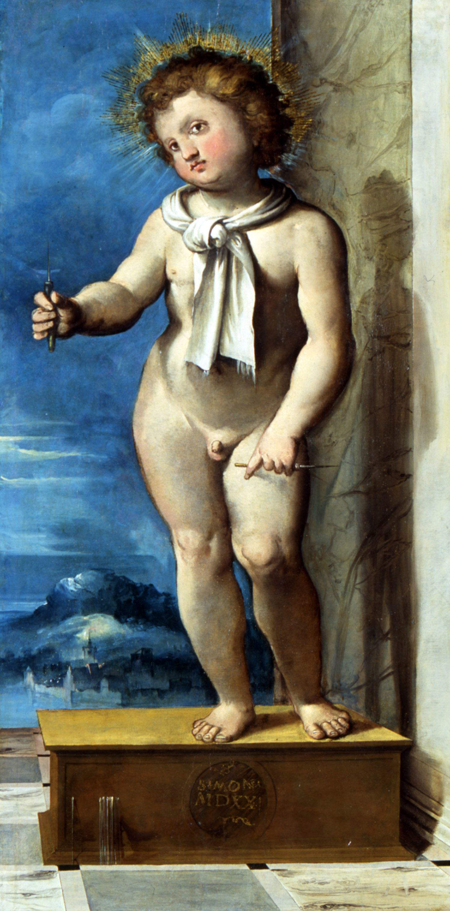 Altobello Melone, Simonino da Trento (1523 ; huile sur panneau, 98 x 47 cm ; Trento, Castello del Buonconsiglio, inv. MN 1381)