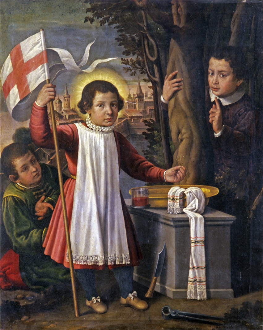 Peintre d'Italie du Nord, Simonino da Trento avec deux enfants (début du XVIIe siècle ; huile sur toile, 150 x 90 cm ; Ferrare, collection de la Fondazione Estense, prêt à la Pinacoteca Nazionale di Ferrara)