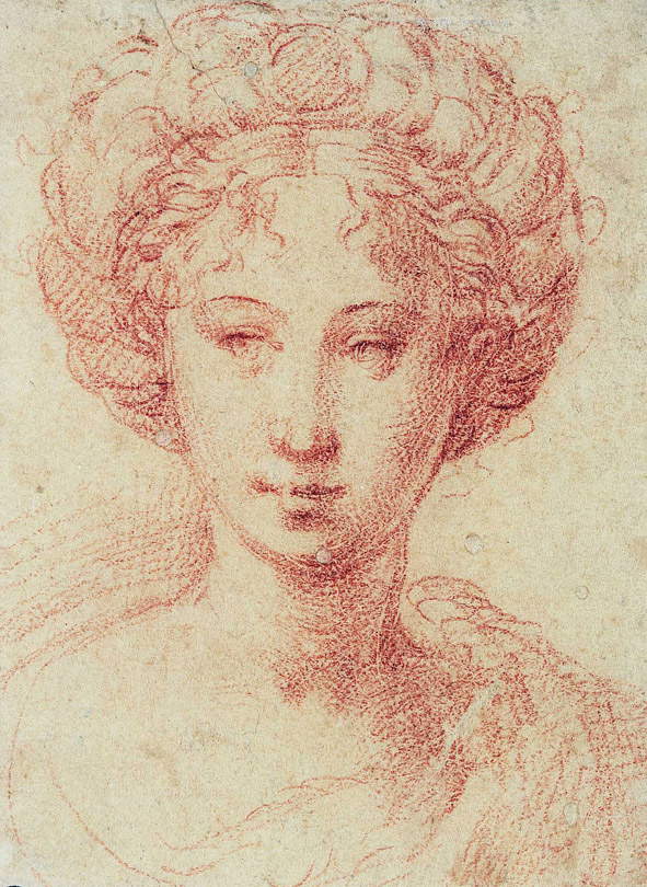 Parmigianino, Étude pour une tête de femme (vers 1530-1534 ; sanguine sur papier, 103 x 76 mm ; Paris, École Nationale Supérieure des Beaux-Arts)