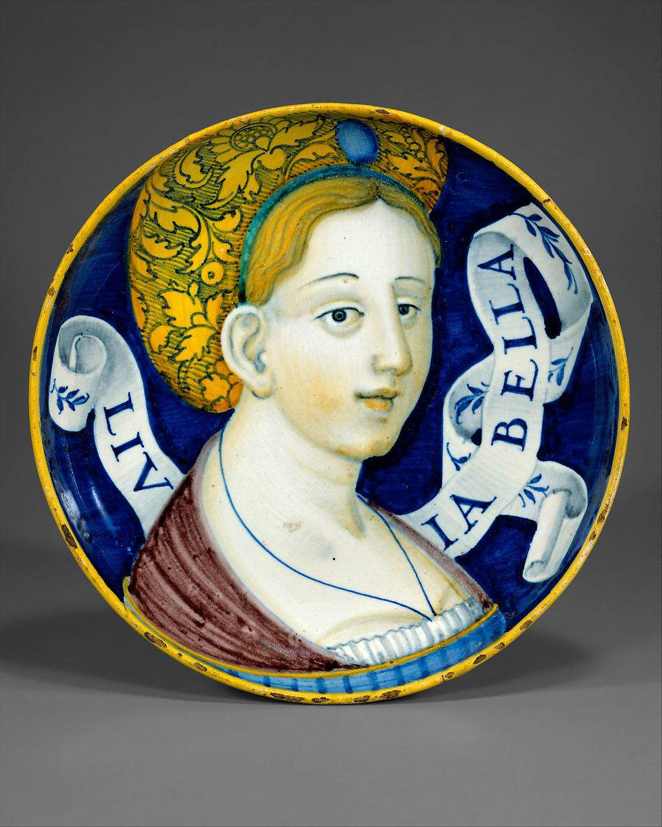 Anonimo ceramista di Casteldurante, Piatto della bella Livia (anni Trenta del XVI secolo; maiolica, diametro 21,5 cm; New York, The Metropolitan Museum of Art)
