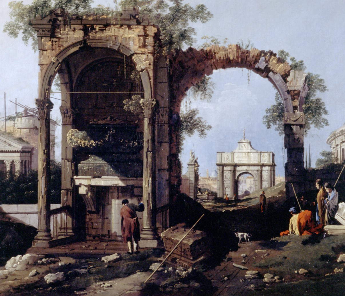 Canaletto, Capriccio con rovine ed edifici classici (anni Sessanta del XVIII secolo; olio su tela, 63 x 75,6 cm; Venezia, Gallerie dell