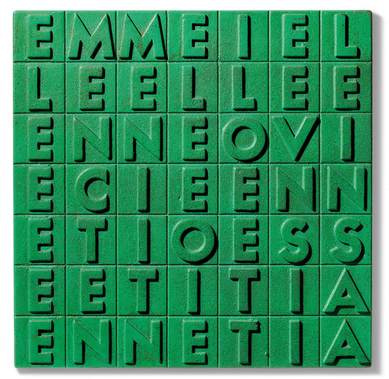 Alighiero Boetti, EMME I ELLE E.. (Uno Nueve Siete Ocho) (1970; pintura en spray sobre hierro fundido, 35 x 35 x 3 cm). Precio realizado: 237.500 euros