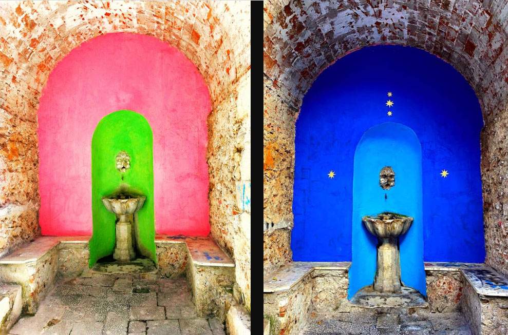 À Carrare, les fontaines anciennes changent parfois de couleur : la fontaine de Vezzala, datant du XVIIe siècle, devient bleue.