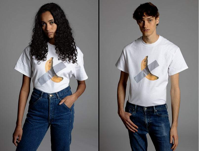 La banane de Cattelan devient un T-shirt que l'on peut acheter pour 22,5 euros au profit d'une œuvre caritative.