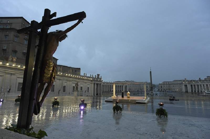 The Messenger: damaged crucifix at San Marcello al Corso. Rain allegedly swelled the wood 