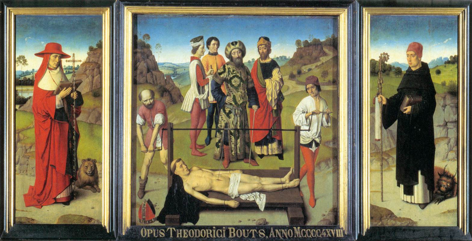 Dieric Bouts, Triptyque de saint Érasme (1468 ; huile sur panneau, 34 x 148 cm ; Louvain, église Saint-Pierre)