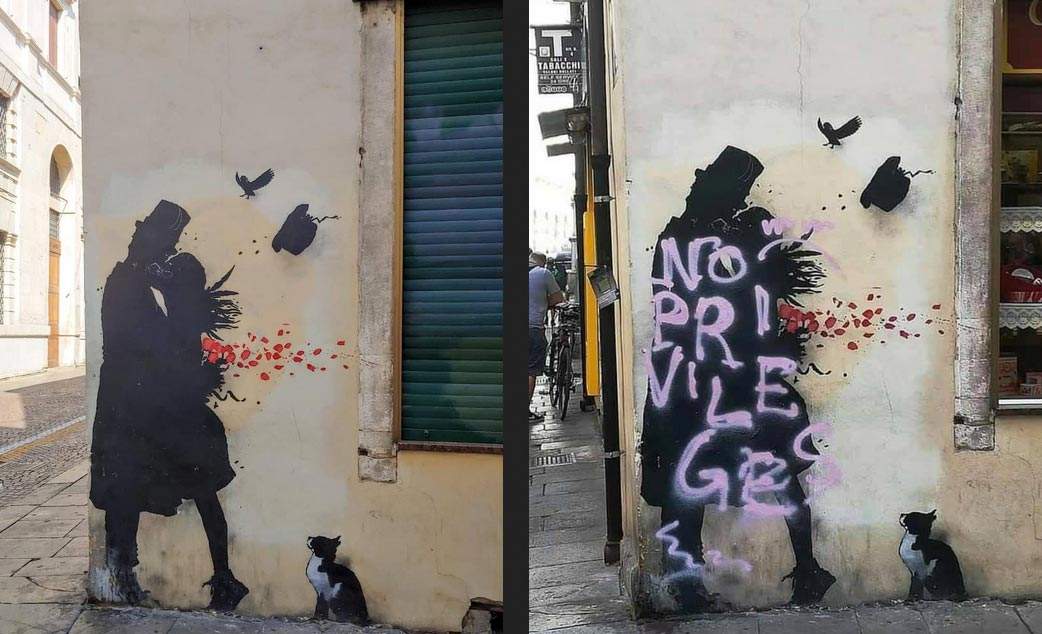 Padua, lovers' mural daubed with anti-Banksy writing