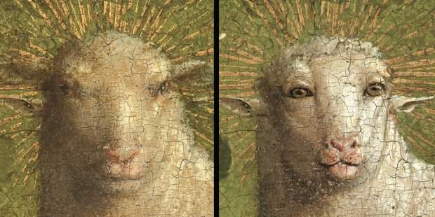 This is what the real muzzle of van Eyck's Mystic Lamb looked like. Restoration reveals an almost human-like appearance