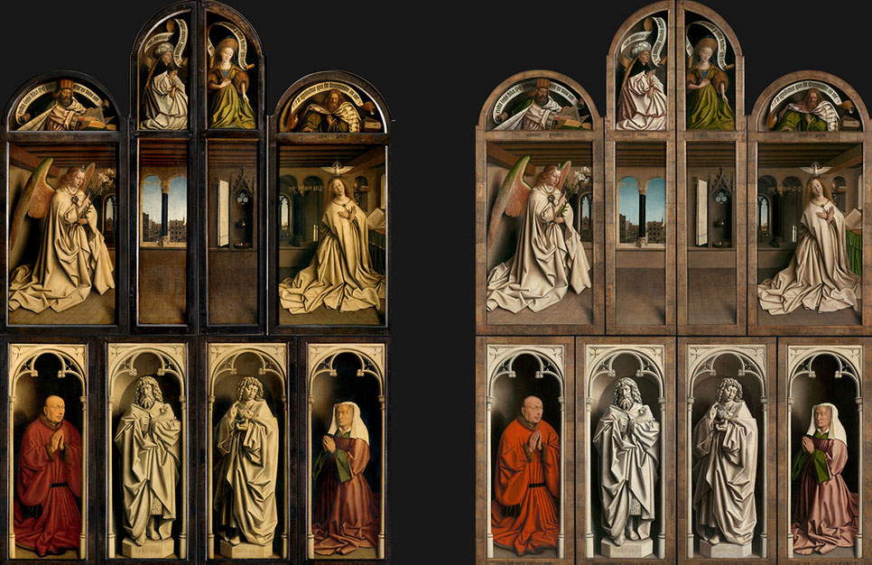 Il polittico chiuso, prima e dopo il restauro