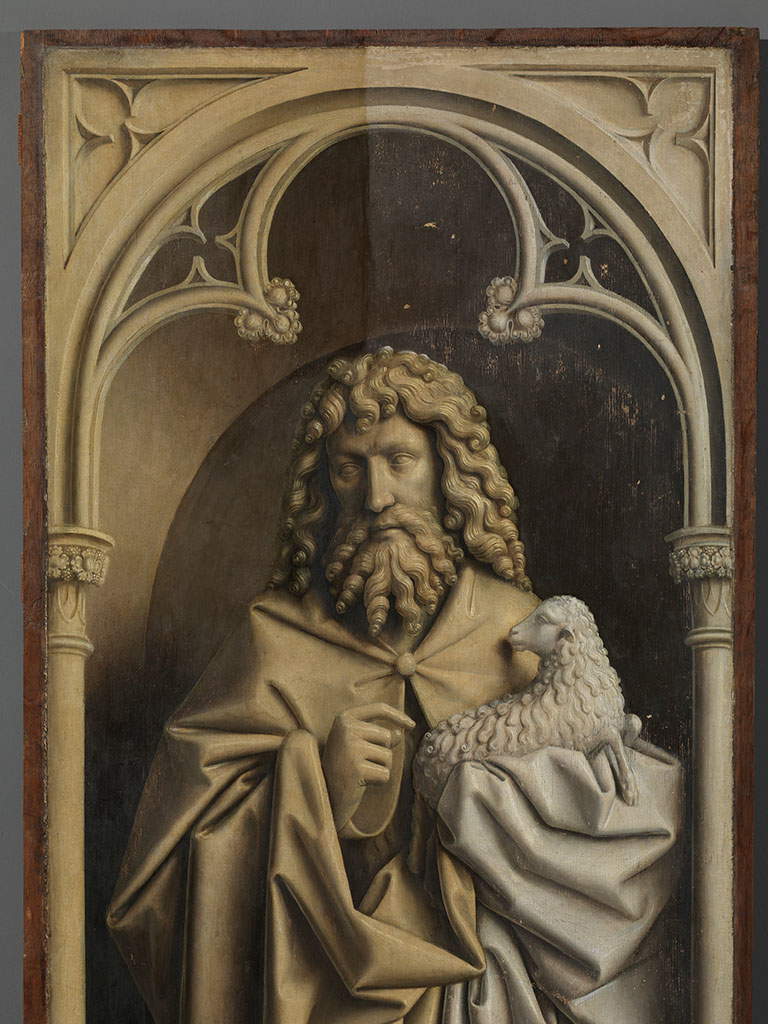 Rimozione delle vernici sulla figura di san Giovanni Battista durante il restauro (gi&agrave; rimosse su parte della veste, sull'agnello e sulla met&agrave; destra dell'arco)