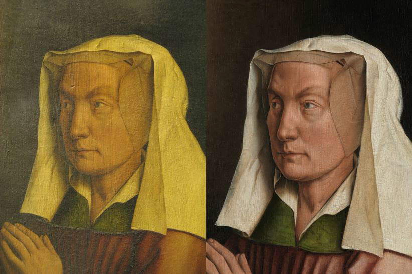 Rimozione delle vernici dalla figura di Lysbette Borluut, prima e dopo il trattamento