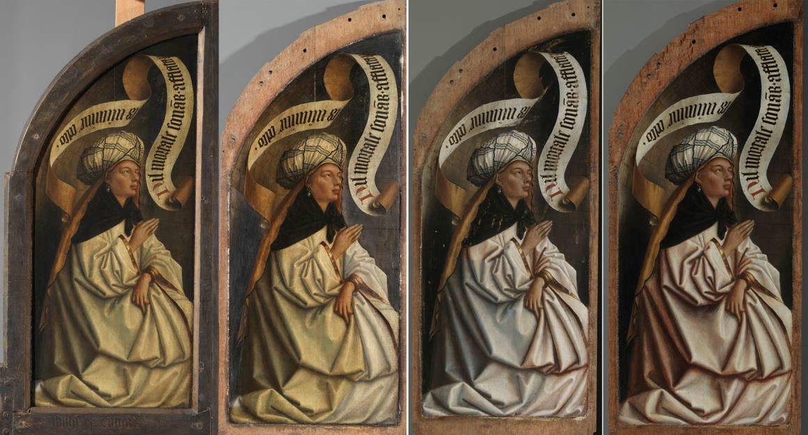 Rimozione delle vernici sulla sibilla di destra durante diverse fasi delle operazioni