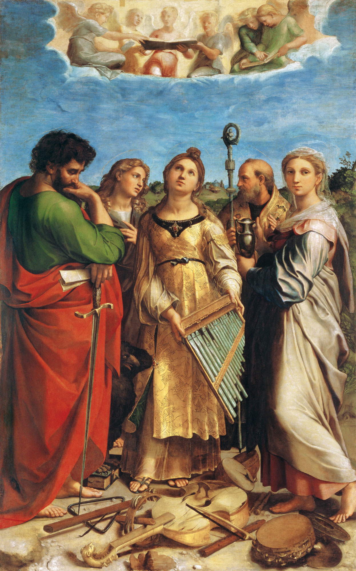 Raffaello, Santa Cecilia con i santi Paolo, Giovanni Evangelista, Agostino e Maria Maddalena (Estasi di Santa Cecilia) (ante 1518; tavola trasportata su tela; Bologna, Polo Museale dell&rsquo;Emilia Romagna, Pinacoteca Nazionale). Su concessione del Ministero per i Beni e le Attivit&agrave; Culturali e del Turismo, Polo Museale dell&rsquo;Emilia Romagna