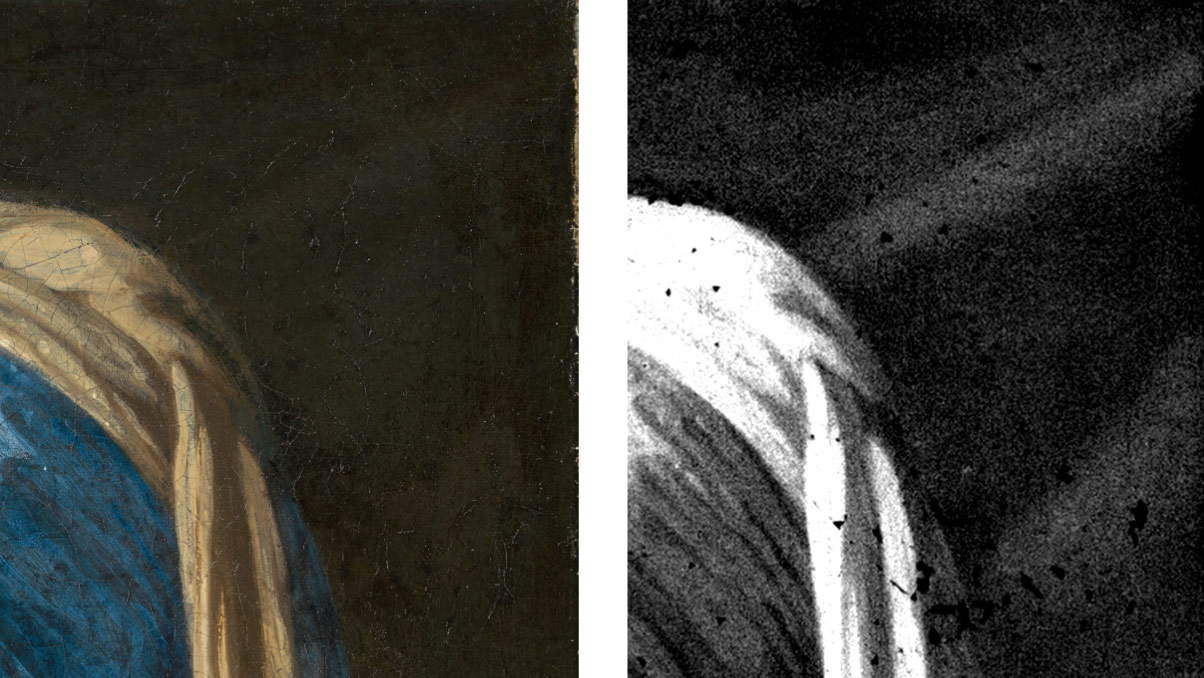 Dettaglio della tenda nella foto a luce polarizzata e nella fluorescenza a raggi x