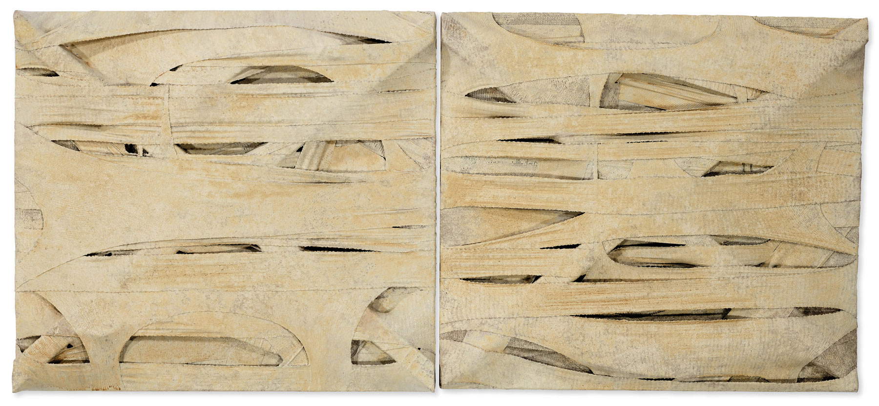 Salvatore Scarpitta, Cruz de San Martín (1959; vendas y técnica mixta, díptico, 66,7 x 147,3 cm). No adjudicado