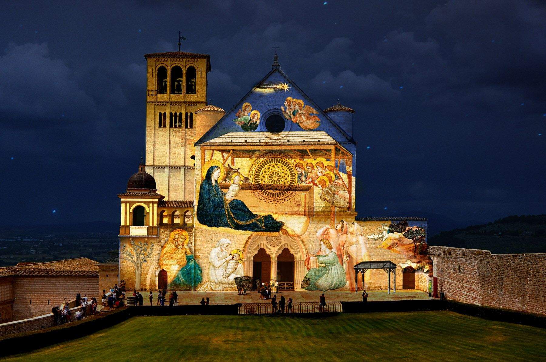 Assisi, for Christmas video projections of Giotto's frescoes on the facade of the Basilica