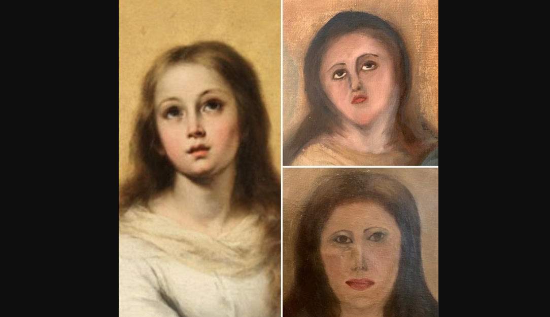 Spanish restorers strike again: disfigured Virgin Mary, copy from Murillo 