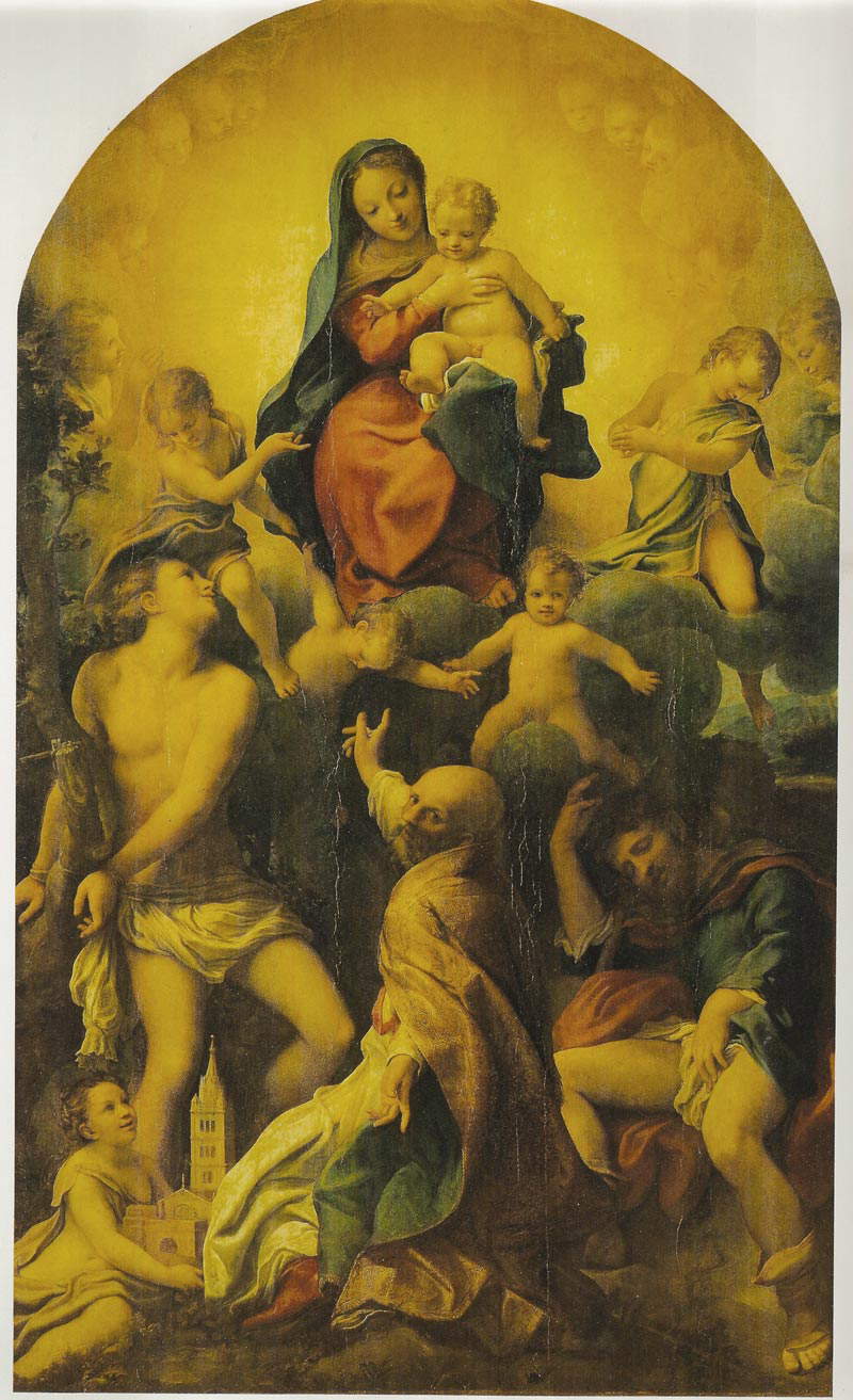 Correggio, Madonna di San Sebastiano (1524; olio su tavola, 265 x 161 cm; Dresda, Gemäldegalerie)