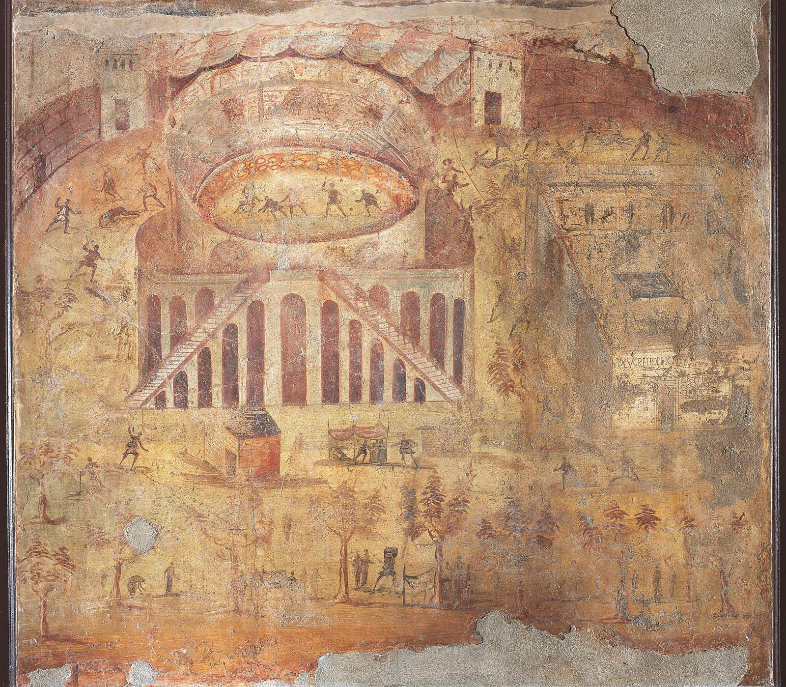 Affresco con scena di rissa fra pompeiani e nocerini nell’anfiteatro di Pompei (59-79 d.C.; da Pompei, Casa della Rissa nell’Anfiteatro, peristilio; Napoli, Museo Archeologico Nazionale, inv. 8991)