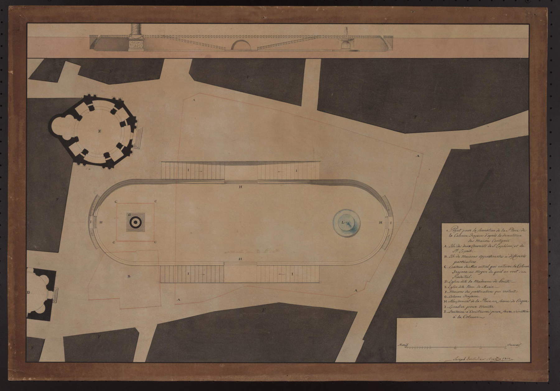 Giuseppe Valadier e Giuseppe Camporese, Progetto per la sistemazione dell’area a sud della Colonna Traiana (1812; disegno acquerellato; Roma, Accademia Nazionale di San Luca)