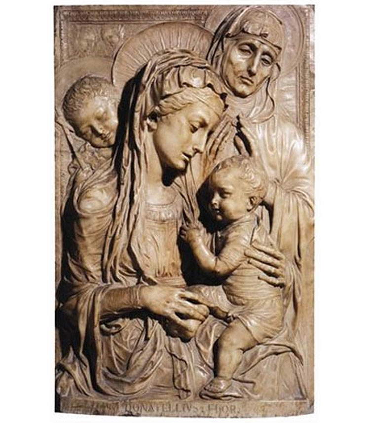 Alceo Dossena, Madonna col Bambino, sant'Anna, san Giovannino e due cherubini (1926-1927; marmo, 105 x 67 x 15 cm; Milano, Collezione privata)
