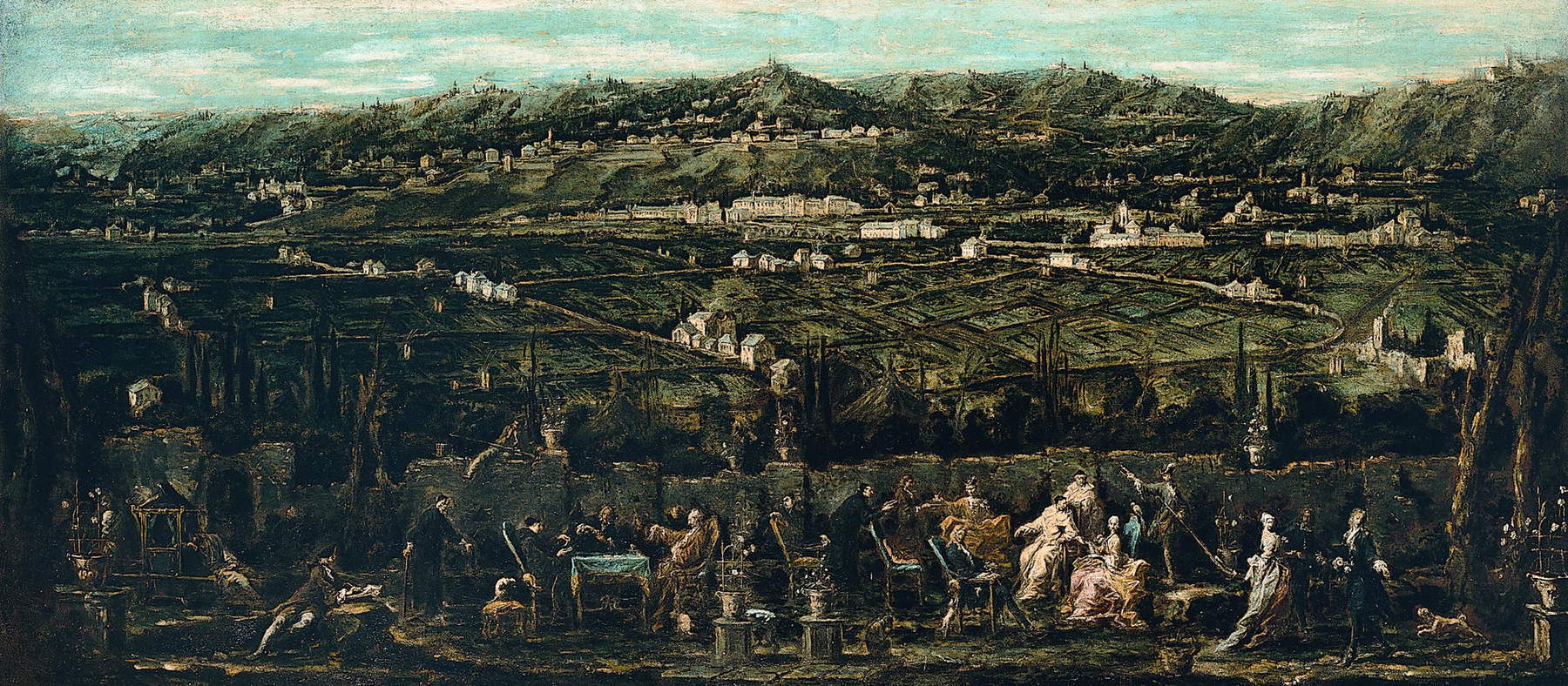 Alessandro Magnasco, Rückzug in einem Garten in Albaro (um 1740; Öl auf Leinwand, 86,3 x 198 cm; Genua, Strada Nuova Museen, Palazzo Bianco, Räume des Palazzo Tursi, Inv. PB 81)