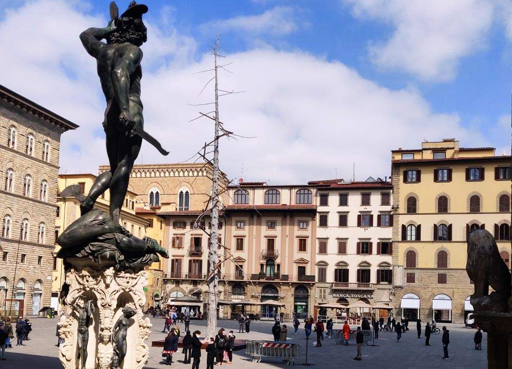 Firenze, installato in piazza della Signoria l'Abete di Penone, un omaggio a Dante