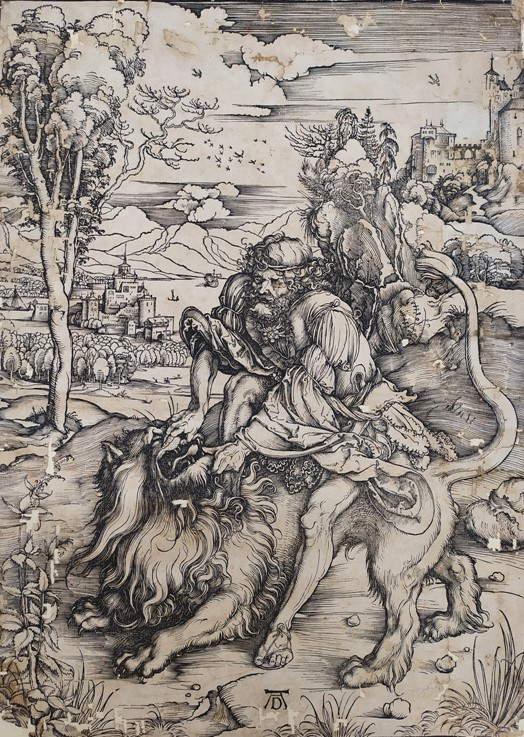 Albrecht Dürer, Sansone che uccide il leone (1497-1498; xilografia, 380 x 278 mm; Anghiari, Museo della Battaglia) Albrecht Dürer, Sansone che uccide il leone (1497-1498; xilografia, 380 x 278 mm; Anghiari, Museo della Battaglia)