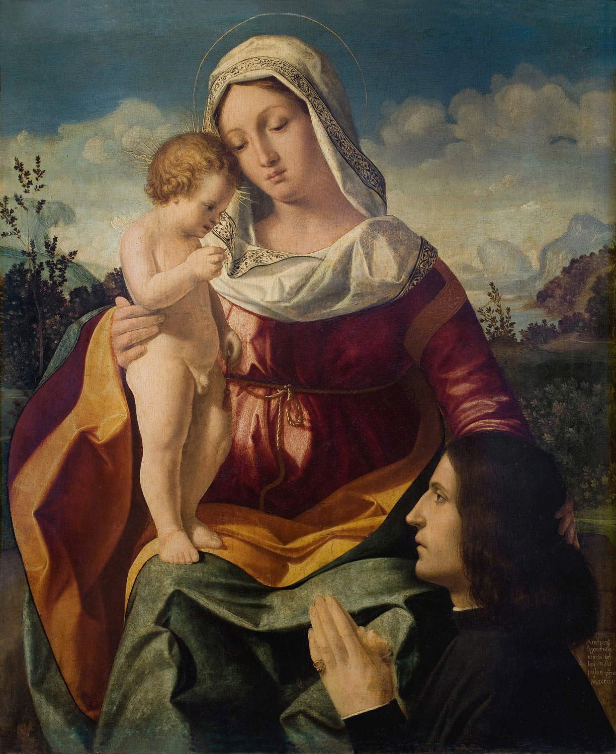 Andrea Previtali, Madonna con Bambino e donatore (XVI secolo; olio su tavola, 63 x 54 cm; Padova, Musei Civici agli Eremitani, Museo d'Arte Medievale e Moderna) Andrea Previtali, Madonna mit Kind (16. Jahrhundert; Öl auf Tafel, 63 x 54 cm; Padua, Musei Civici agli Eremitani, Museo d'Arte Medievale e Moderna)