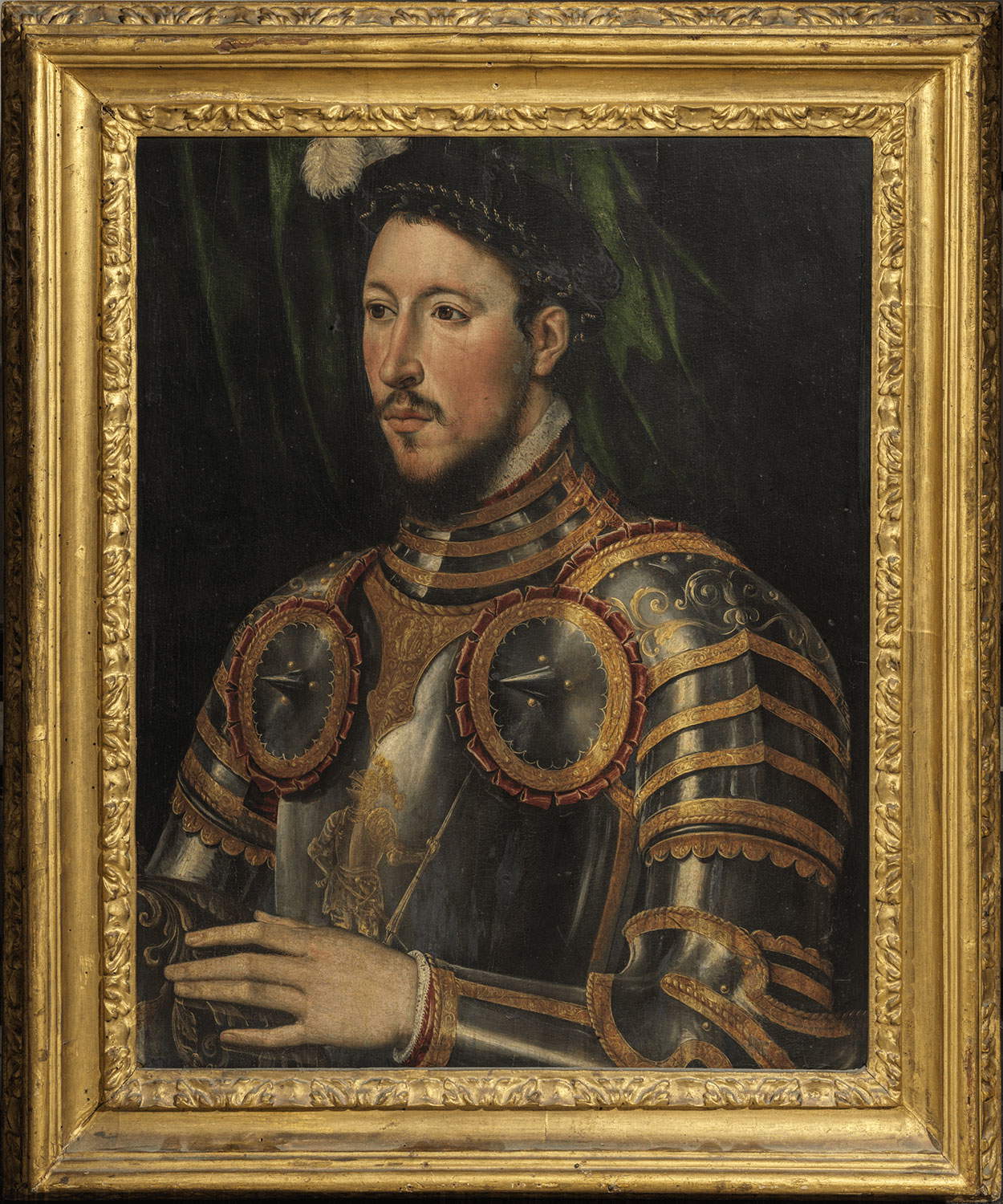 Pittore ignoto (ambito francese), Uomo in armatura (seconda metà del XVI secolo; olio su tavola, 76 x 89 cm; Firenze, Gallerie degli Uffizi) Pittore ignoto (ambito francese), Uomo in armatura (seconda metà del XVI secolo; olio su tavola, 76 x 89 cm; Firenze, Gallerie degli Uffizi)
