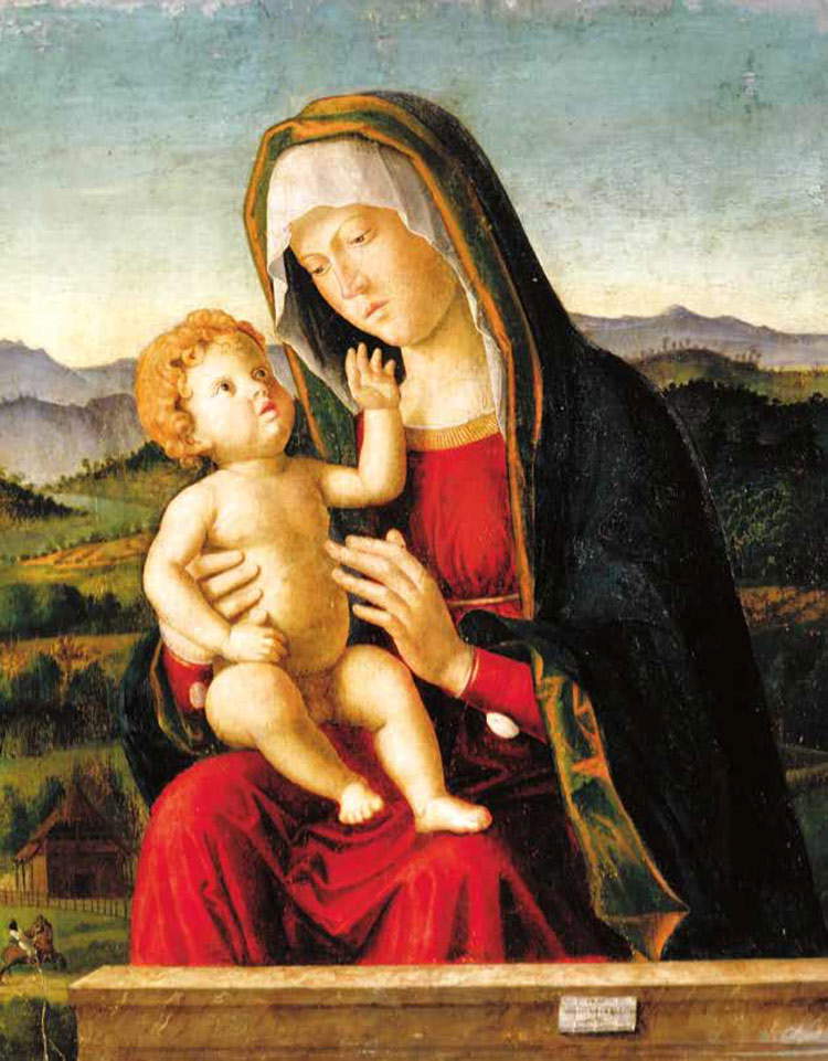 Antonio Maria da Carpi, Vierge à l'enfant (1497 ; panneau, 35,8 x 28,4 cm ; Budapest, Szépművészeti Múzeum, inv. 1247) Antonio Maria da Carpi, Vierge à l'enfant (1497 ; panneau, 35,8 x 28,4 cm ; Budapest, Szépművészeti Múzeum, inv. 1247)