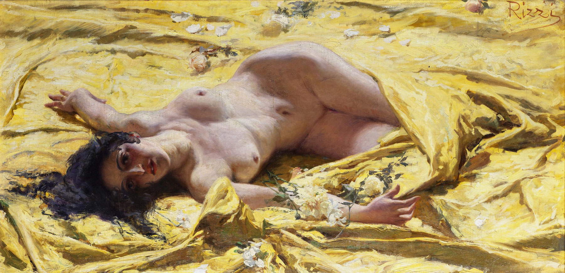 Antonio Rizzi, Nudo su lenzuola gialle (Collezione privata) Antonio Rizzi, Nudo su lenzuola gialle (Collezione privata)