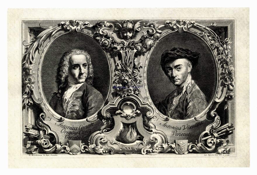 Antonio Visentini, Frontispicio con retratos de Canaletto y Visentini (1742; aguafuerte y buril, 267 x 425 mm; Venecia, Ca' Rezzonico, Gabinete de Dibujos y Estampas) Antonio Visentini, Frontispicio con retratos de Canaletto y Visentini (1742; aguafuerte y buril, 267 x 425 mm; Venecia, Ca' Rezzonico, Gabinete de Dibujos y Estampas)