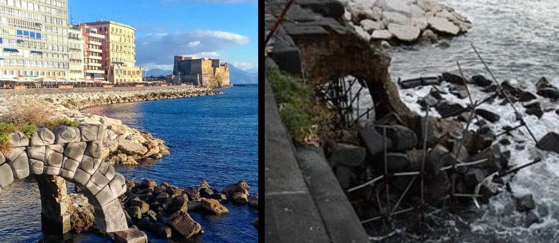 Mareggiata a Napoli, crolla l'Arco Borbonico: la soprintendenza aveva imposto il restauro