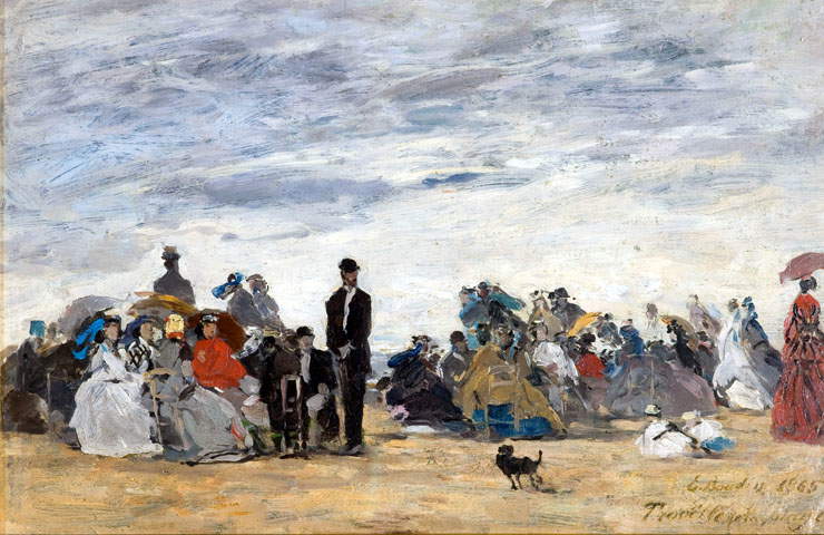 Eugène Boudin, La spiaggia di Trouville (1865; olio su cartone, 26,5 x 40,5 cm; Parigi, Musée d'Orsay)