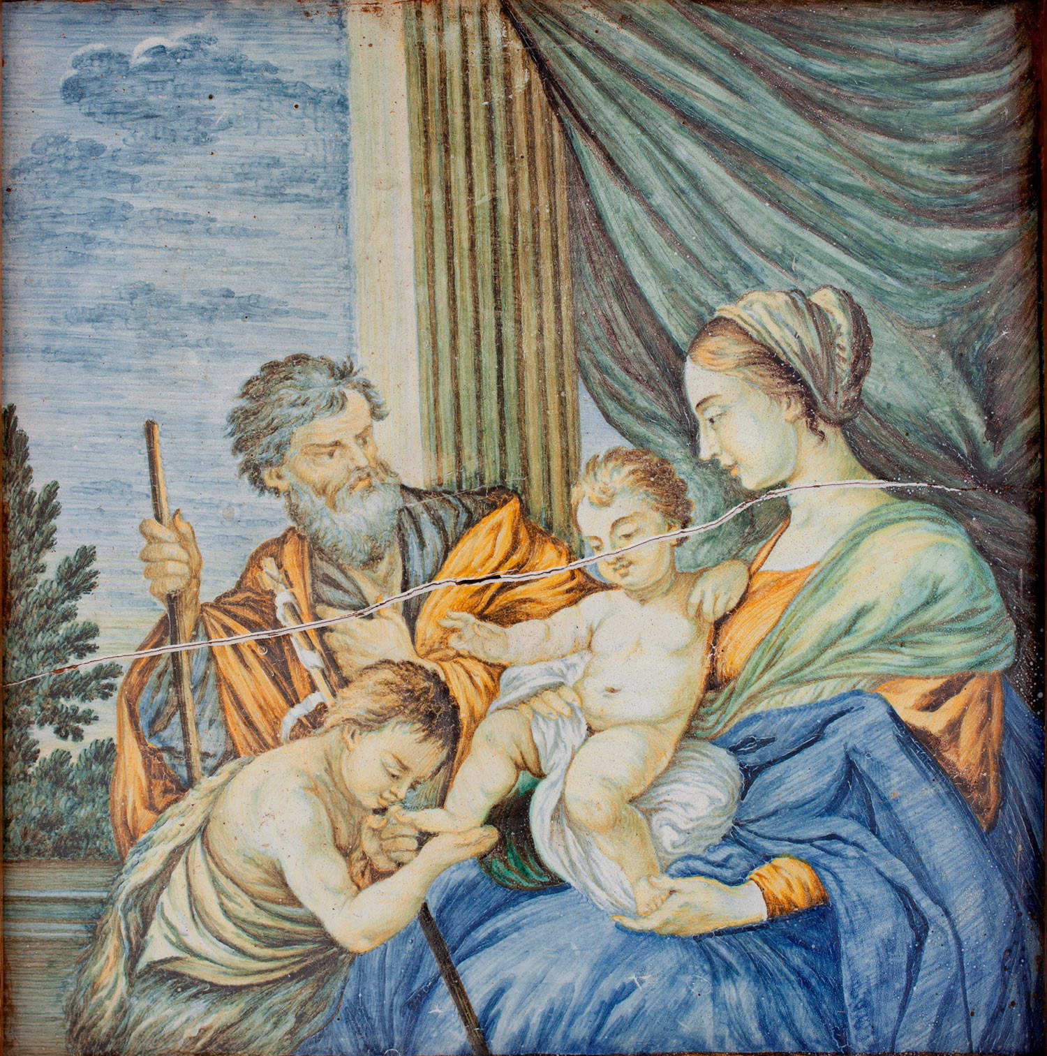 Candeloro Cappelletti (attribué), La Sainte Famille avec saint Jean (vers 1715-40 ; majolique polychrome, 29,3 x 29,3 cm ; Teramo, Pinacoteca Civica) Candeloro Cappelletti (attribué), La Sainte Famille avec saint Jean (vers 1715-40 ; majolique polychrome, 29,3 x 29,3 cm ; Teramo, Pinacoteca Civica)