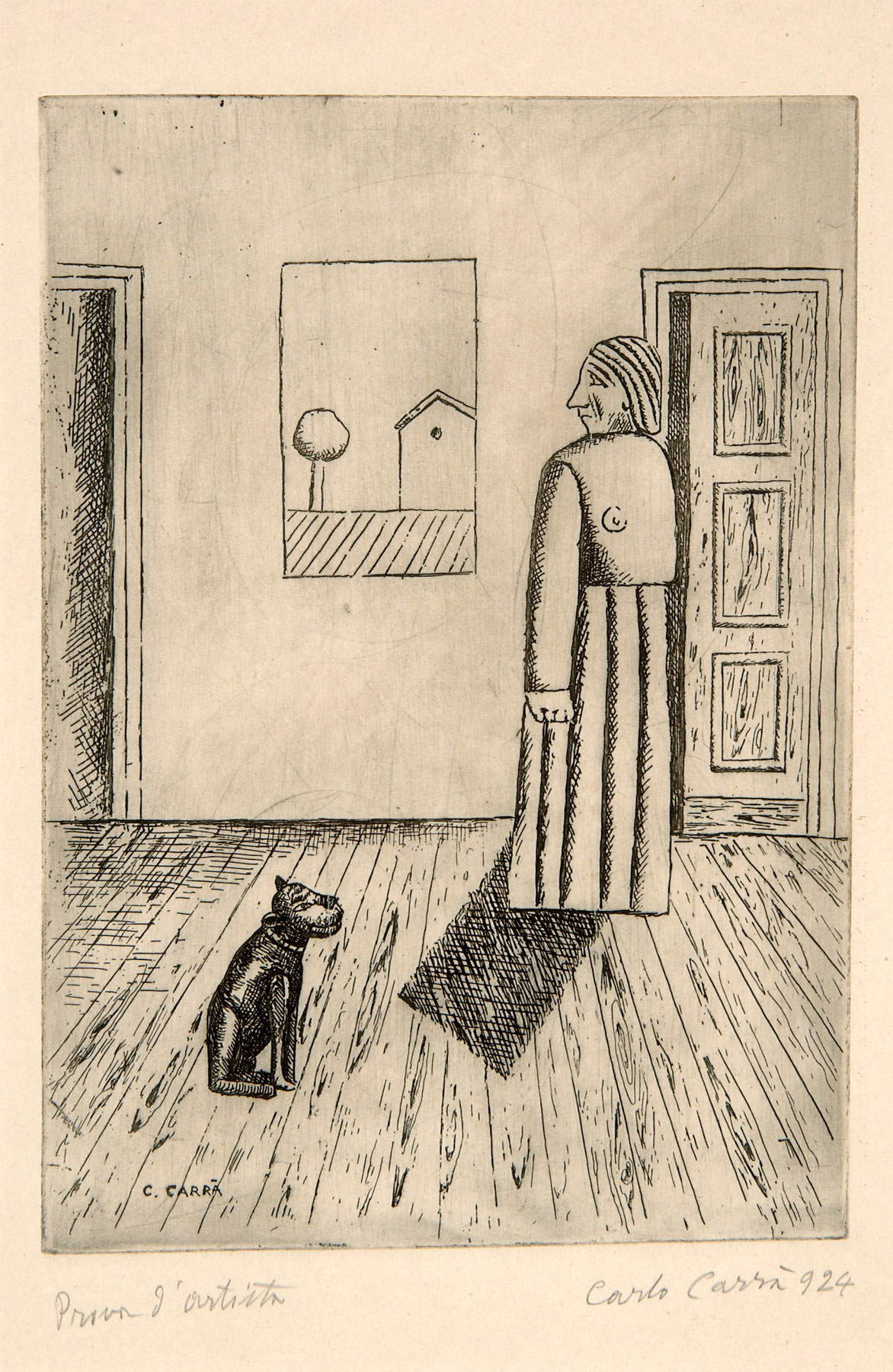 Carlo Carrà, La casa dell’amore II o Interno o La massaia (1924; acquaforte su rame, 30,4 x 21,8 cm)
Carlo Carrà, La casa dell’amore II o Interno o La massaia (1924; acquaforte su rame, 30,4 x 21,8 cm)